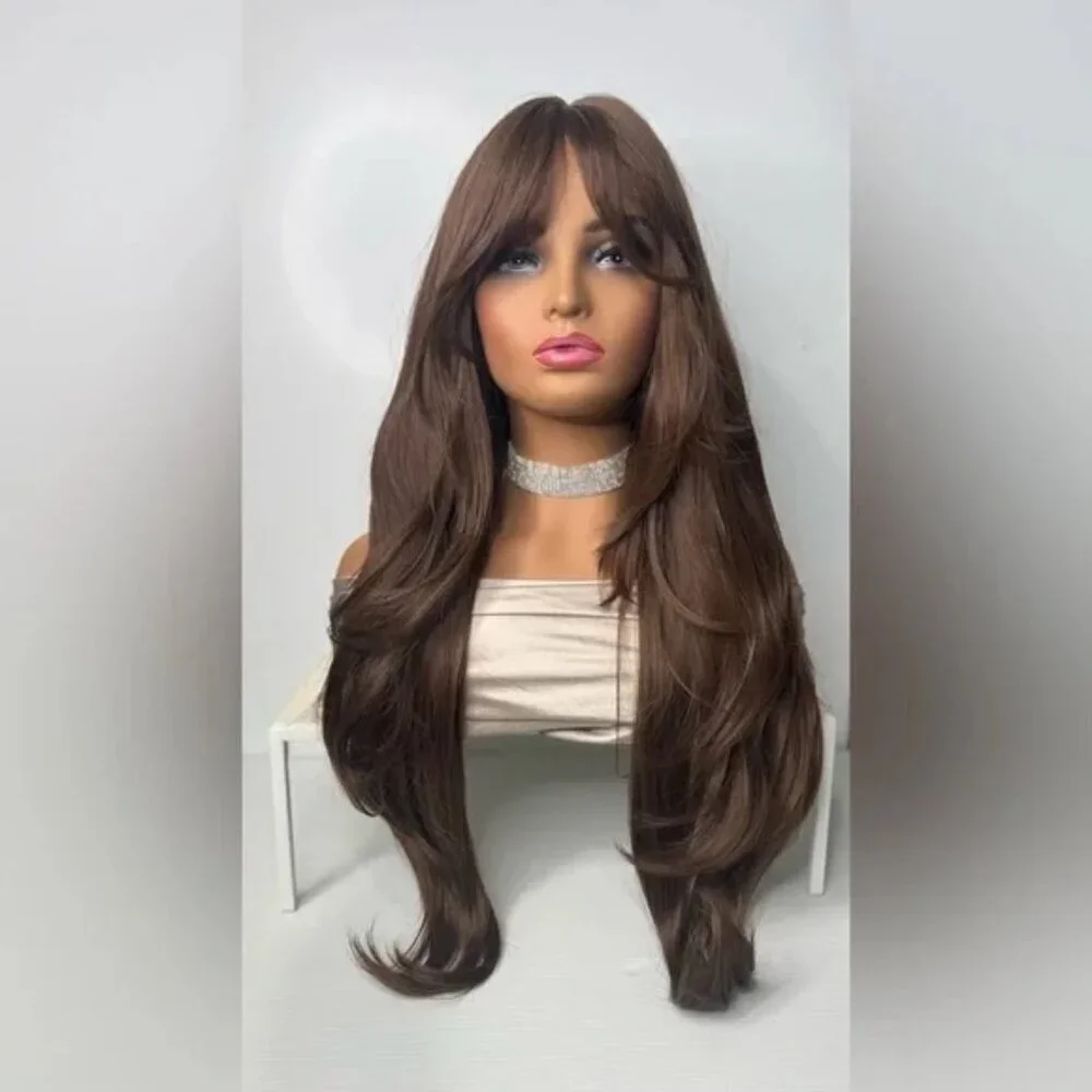 Long Chestnut Brown Synthetic Wig – Natural Brown, Curtain Bangs, Classic wig